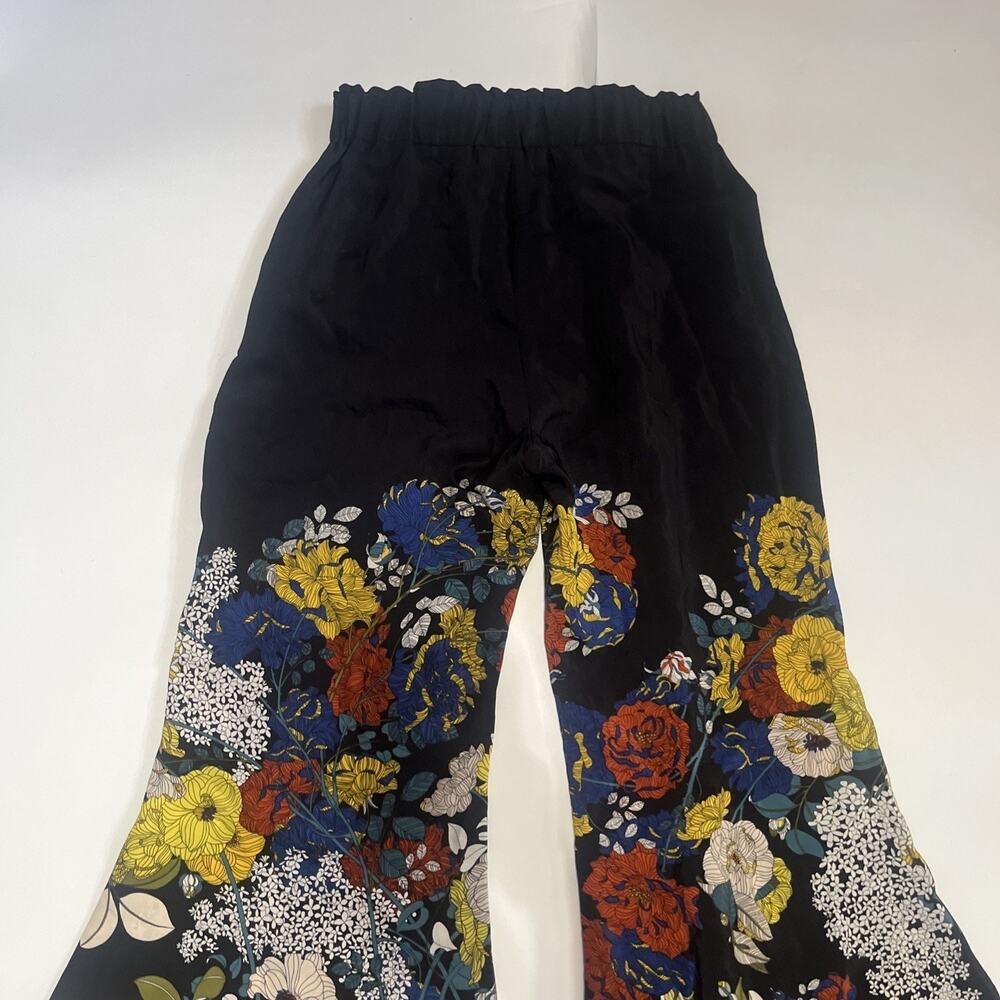 Sz 1 Sandro Paris Women's Bell Bottoms Flared Printed 100% Silk Floral Pants - Picture 14 of 15